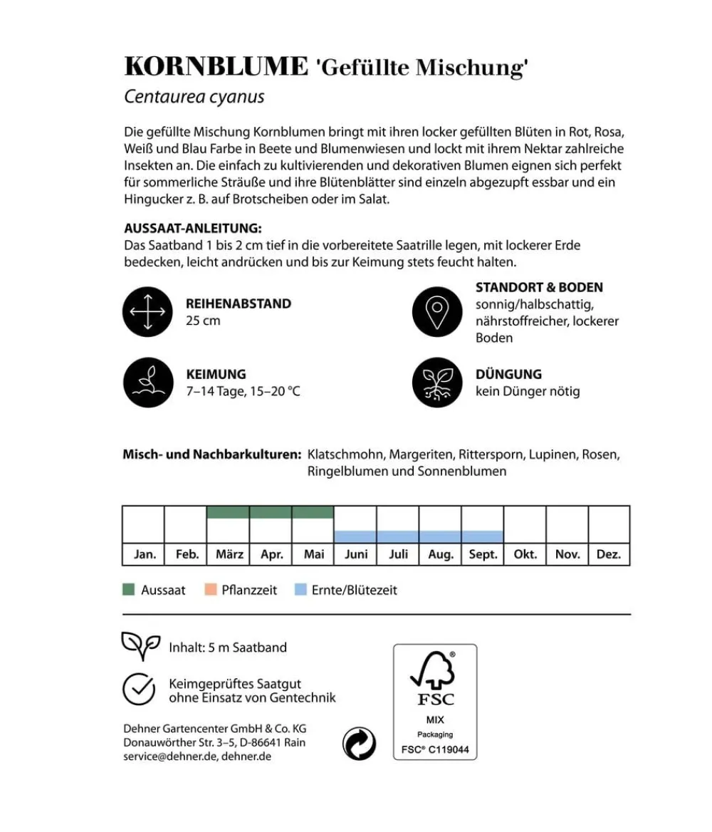 Dehner Blumensamen > Saatband Kornblume 'Gefüllte Mischung', L5 m