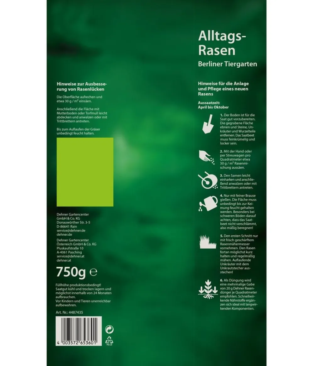 Dehner Rasensamen - Saatgut Alltags-Rasen Berliner Tiergarten, 750 g