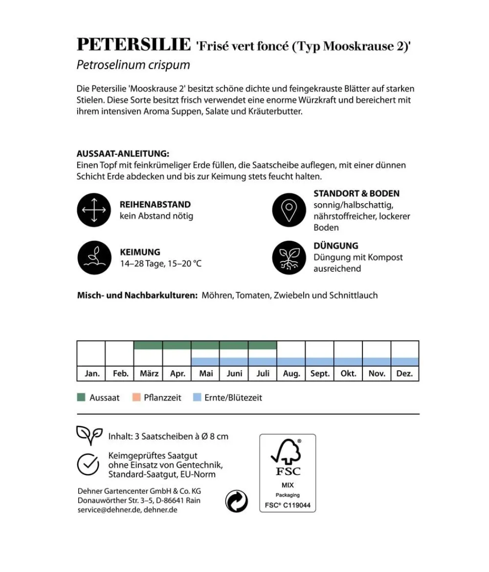 Dehner Kräutersamen > Saatscheiben Petersilie 'Frisé vert foncé (Typ Mooskrause 2)', 3 Stück à Ø 8 cm