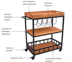 Dehner Gartentische Aluminium|Gartentische Holz > Servierwagen Liverpool, ca. B67/H84/T40 cm