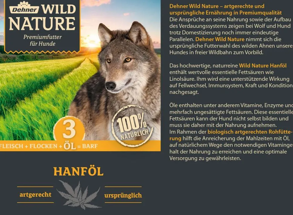 Dehner Wild Nature Nahrungsergänzung Hund - BARF-Ergänzungsfutter für Hunde Hanföl