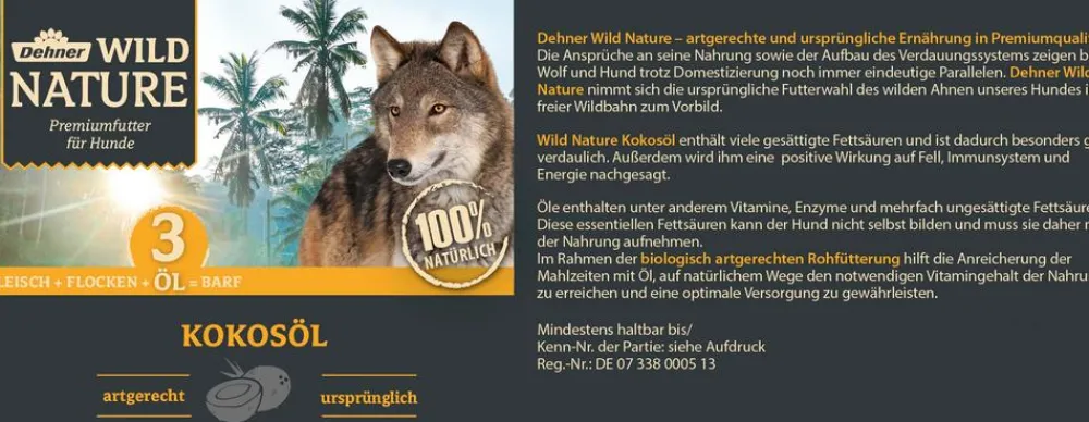 Dehner Wild Nature Nahrungsergänzung Hund - BARF-Ergänzungsfutter für Hunde Kokosöl