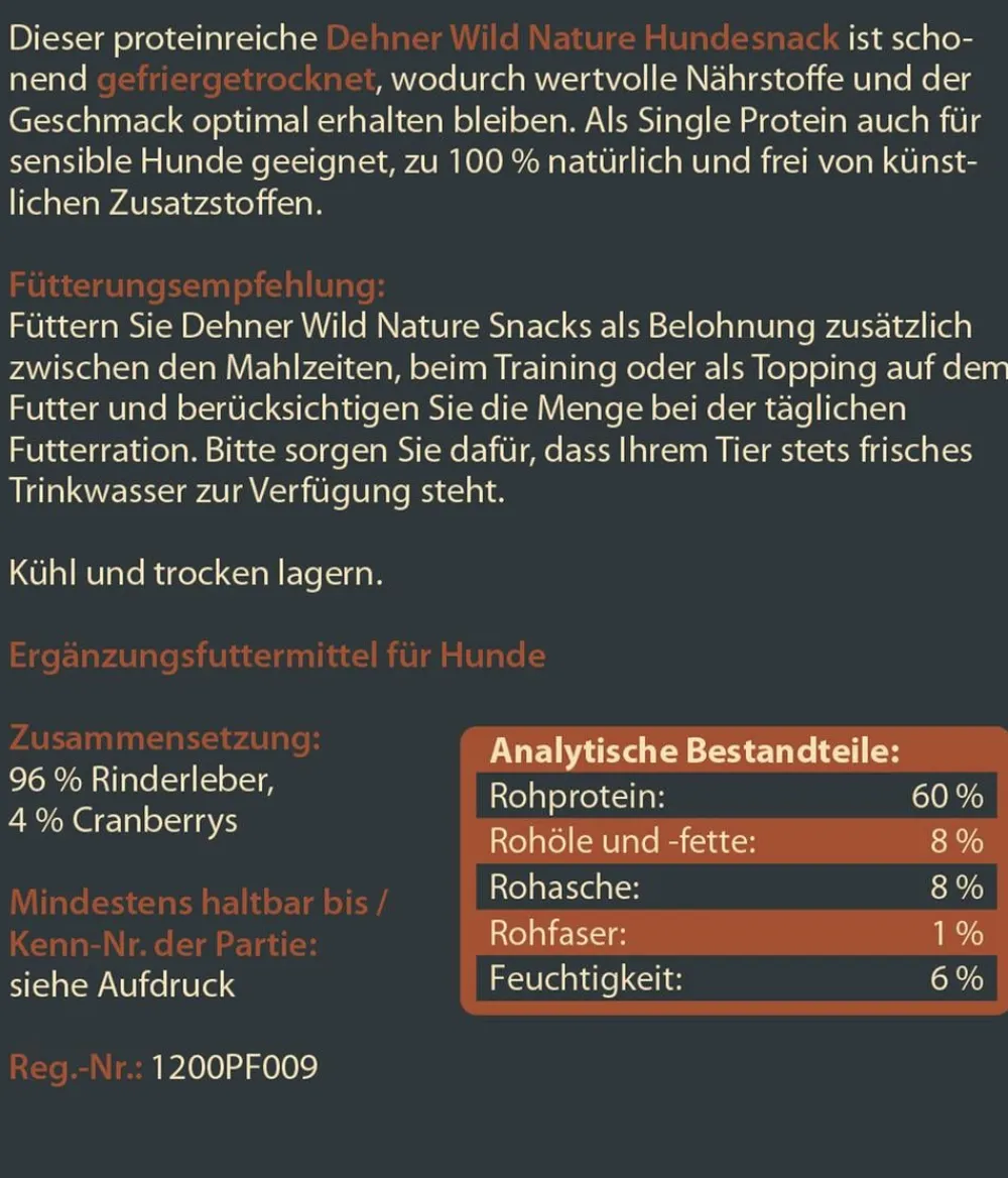 Dehner Wild Nature Hundeleckerlies - Hundesnack Rinderleber & Cranberry, gefriergetrocknet, 60 g