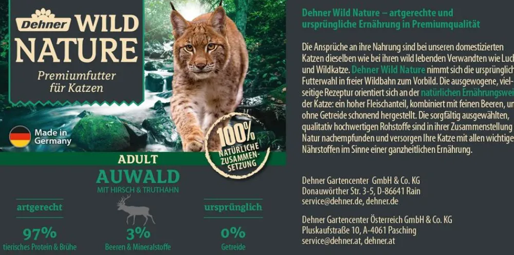 Dehner Wild Nature Nassfutter Katze > Nassfutter für Katzen Auwald Adult, Hirsch & Truthahn, /400 g