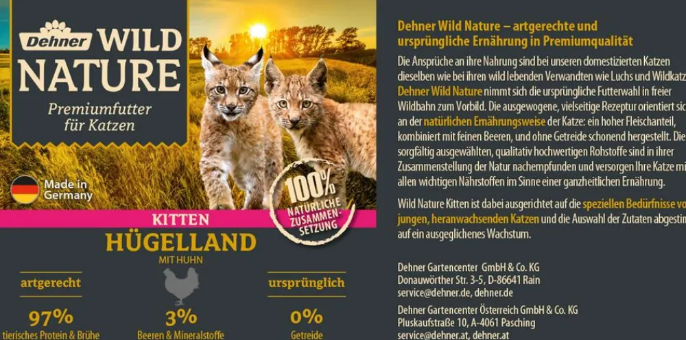 Dehner Wild Nature Nassfutter für Katzen Hügelland Kitten, Huhn, /400 g Discount