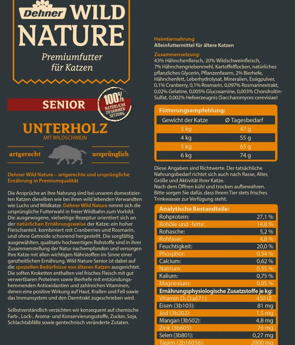 Dehner Wild Nature Trockenfutter Katze - Trockenfutter für Katzen Unterholz Senior, Wildschwein