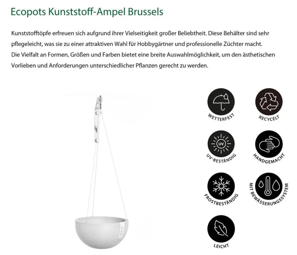 Ecopots Blumenampeln & -Schalen - Kunststoff-Ampel Brussels mit Wassersystem, rund Weiß