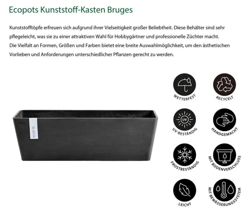 Ecopots Pflanzkübel & Blumenkästen > Kunststoff-Kasten Bruges mit Wassersystem, rechteckig