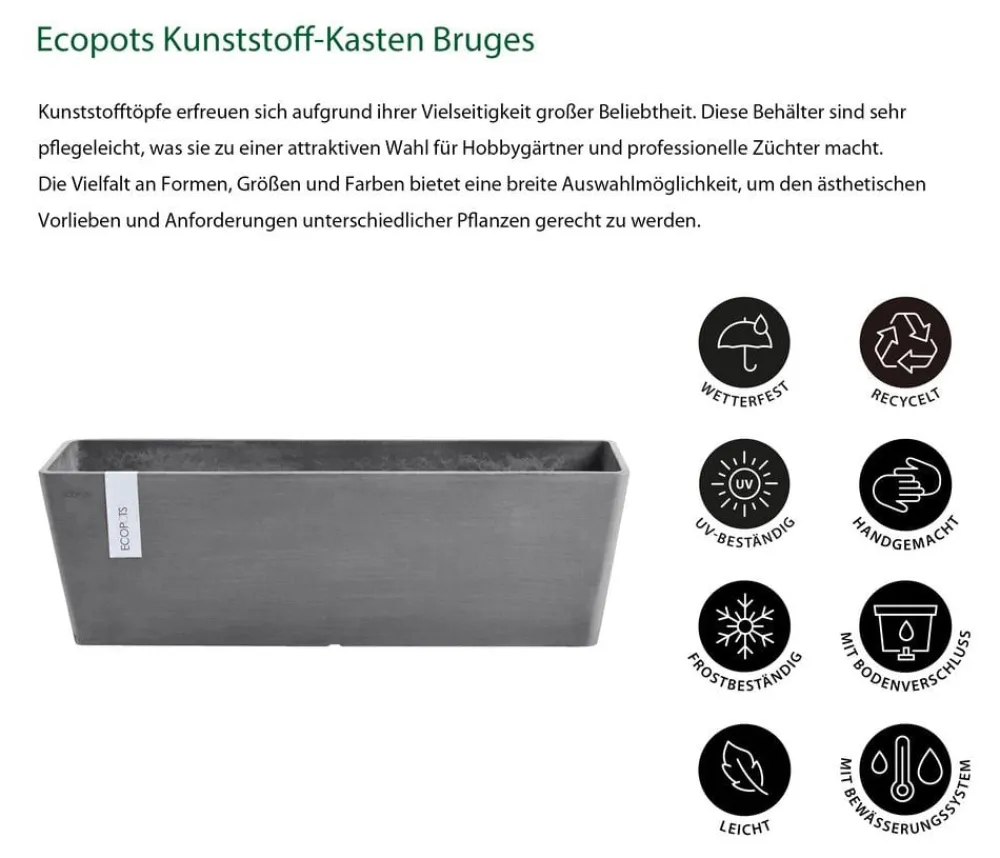 Ecopots Pflanzkübel & Blumenkästen - Kunststoff-Kasten Bruges mit Wassersystem, rechteckig Grau