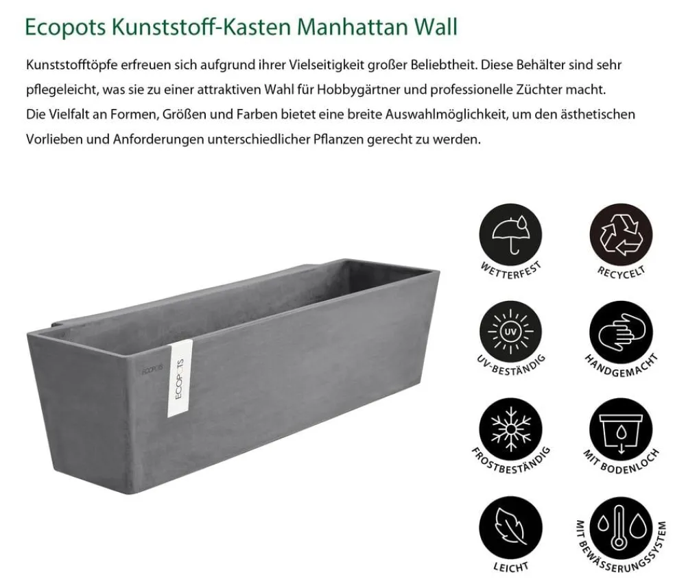 Ecopots Pflanzkübel & Blumenkästen > Kunststoff-Kasten Manhattan Wall mit Wassersystem, rechteckig