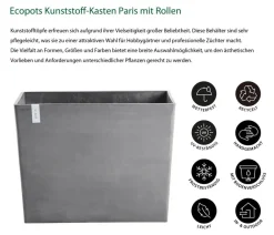 Ecopots Kunststoff-Kasten Paris mit Rollen, rechteckig Grau
