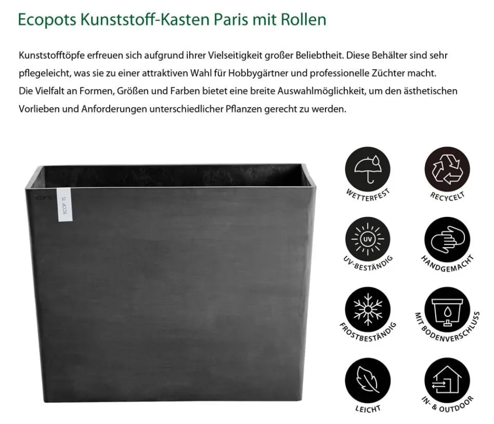 Ecopots Pflanzkübel & Blumenkästen - Kunststoff-Kasten Paris mit Rollen, rechteckig Dunkelgrau