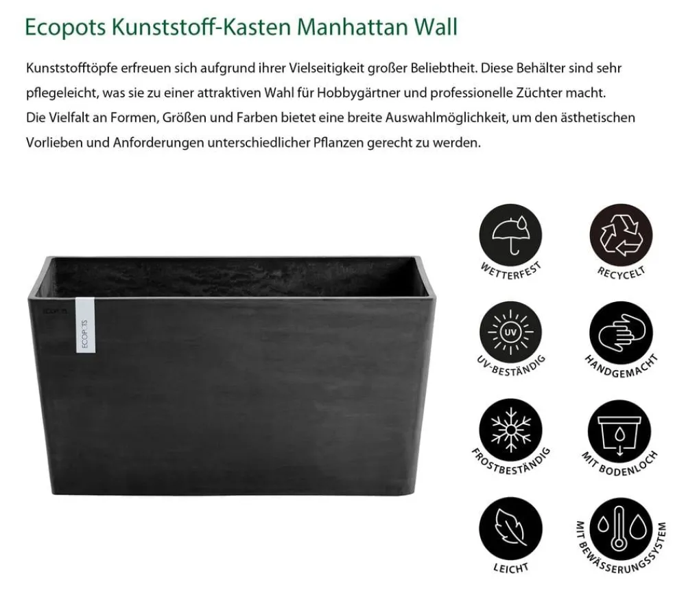 Ecopots Kunststoff-Kasten Paris, rechteckig Dunkelgrau Clearance