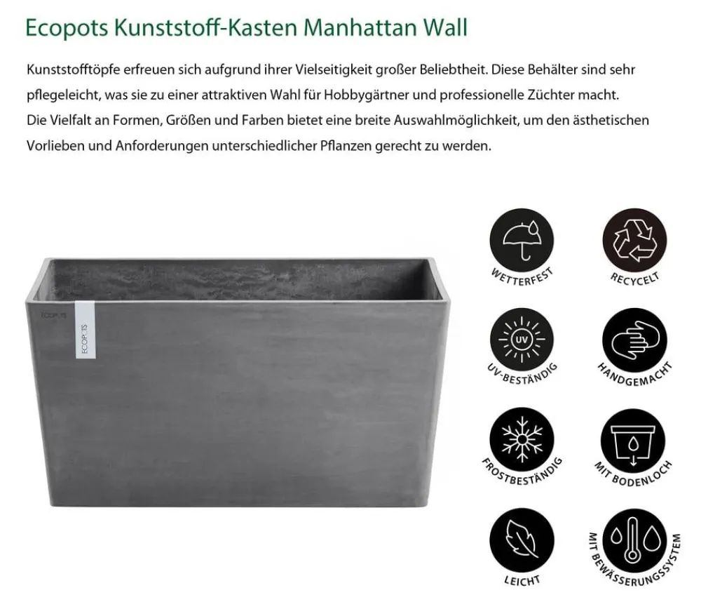Ecopots Pflanzkübel & Blumenkästen - Kunststoff-Kasten Paris, rechteckig Grau