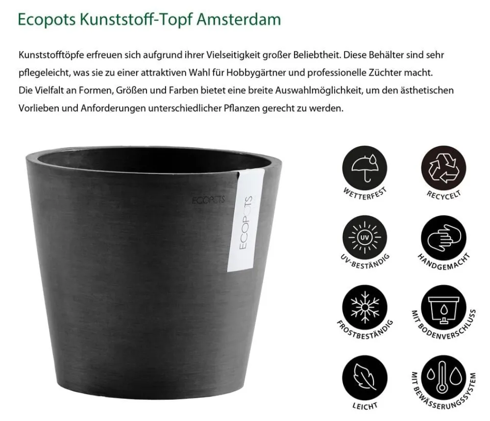 Ecopots Kunststoff-Topf Amsterdam mit Wassersystem, rund Dunkelgrau Outlet