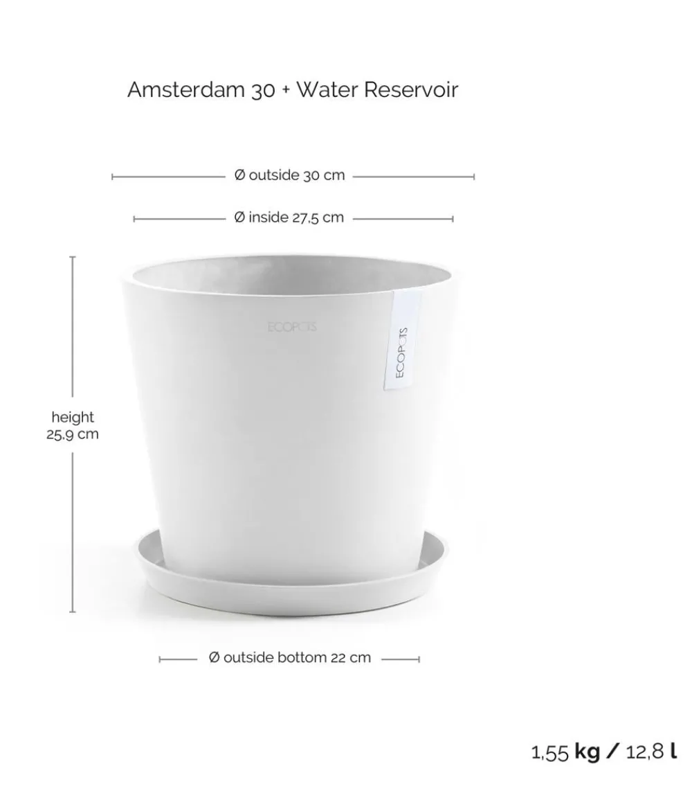 Ecopots Kunststoff-Topf Amsterdam mit Wassersystem, rund Weiß New