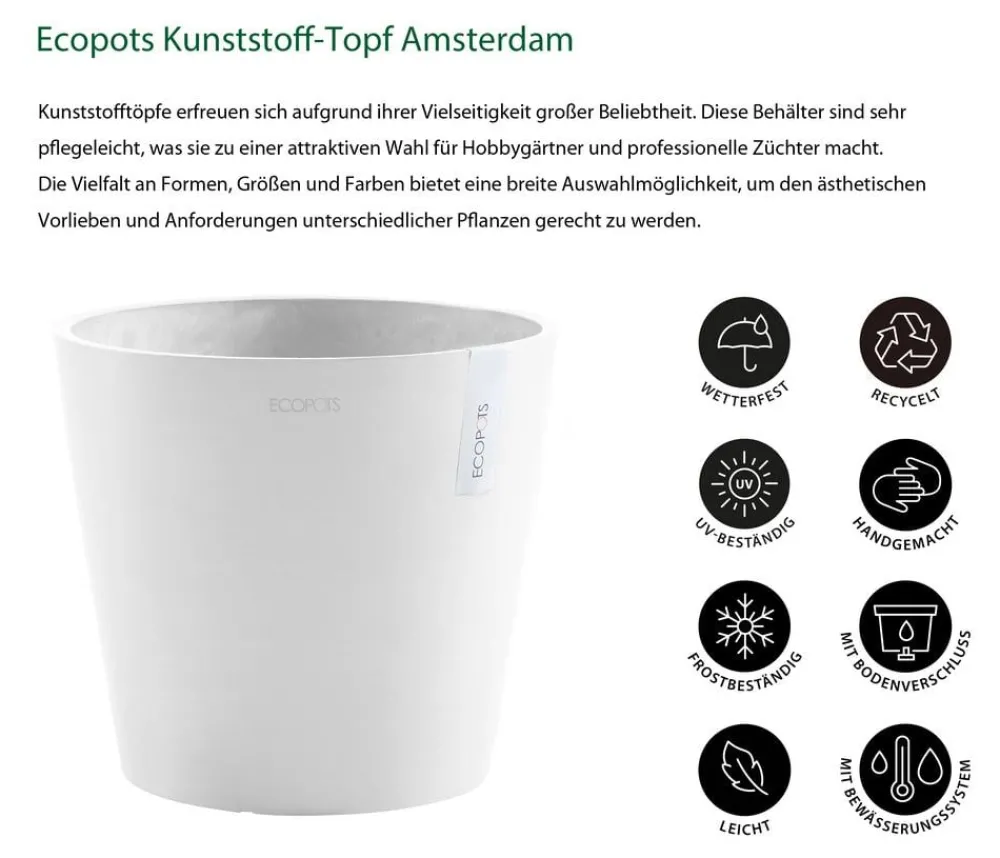 Ecopots Blumentöpfe & Übertöpfe - Kunststoff-Topf Amsterdam mit Wassersystem, rund Weiß
