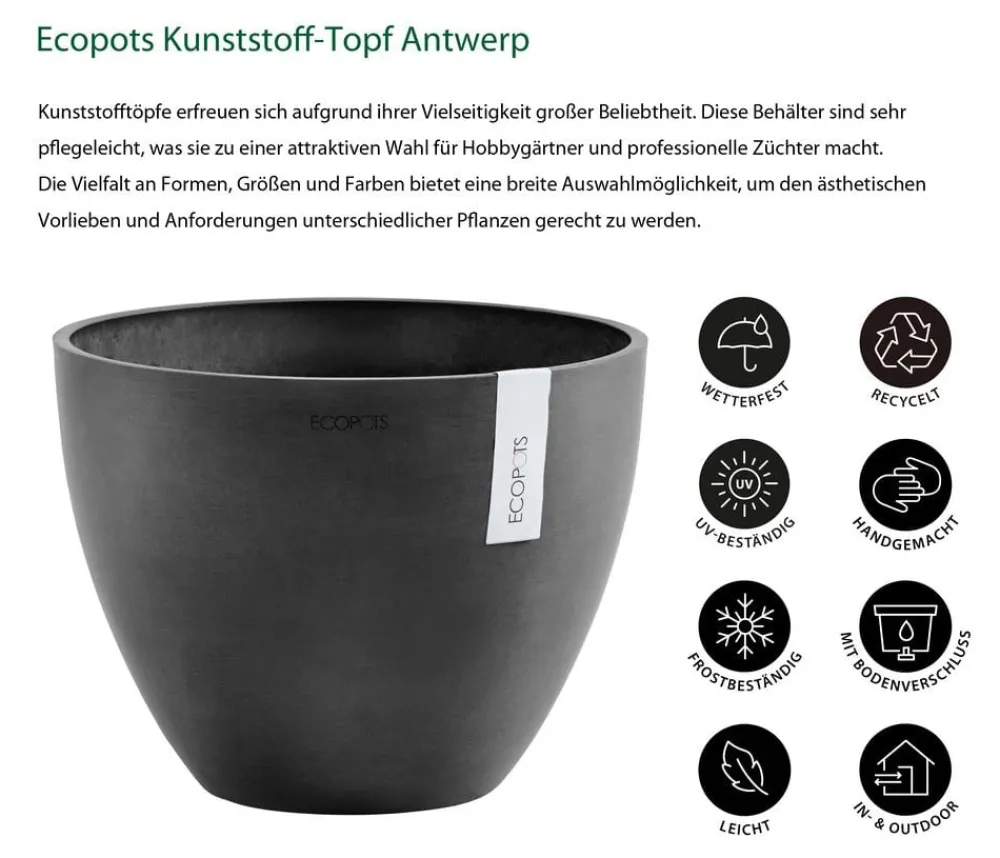 Ecopots Kunststoff-Topf Antwerp, rund Dunkelgrau Best