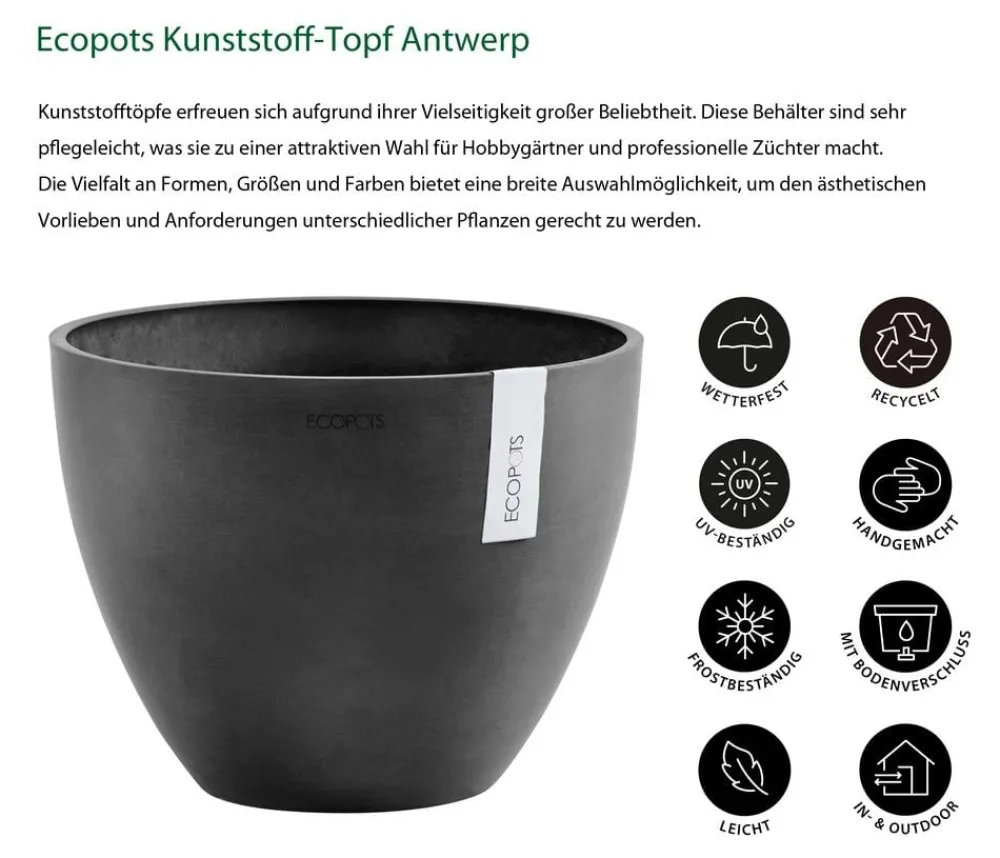 Ecopots Blumentöpfe & Übertöpfe - Kunststoff-Topf Antwerp, rund Dunkelgrau