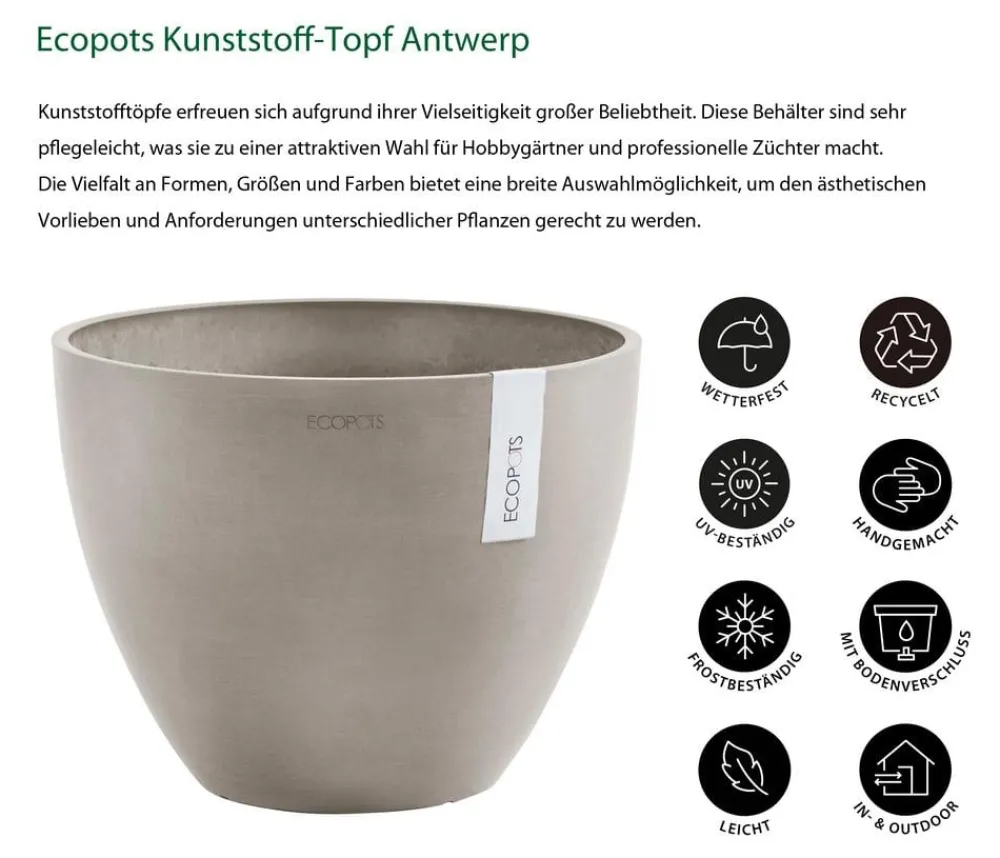 Ecopots Blumentöpfe & Übertöpfe - Kunststoff-Topf Antwerp, rund Taupe