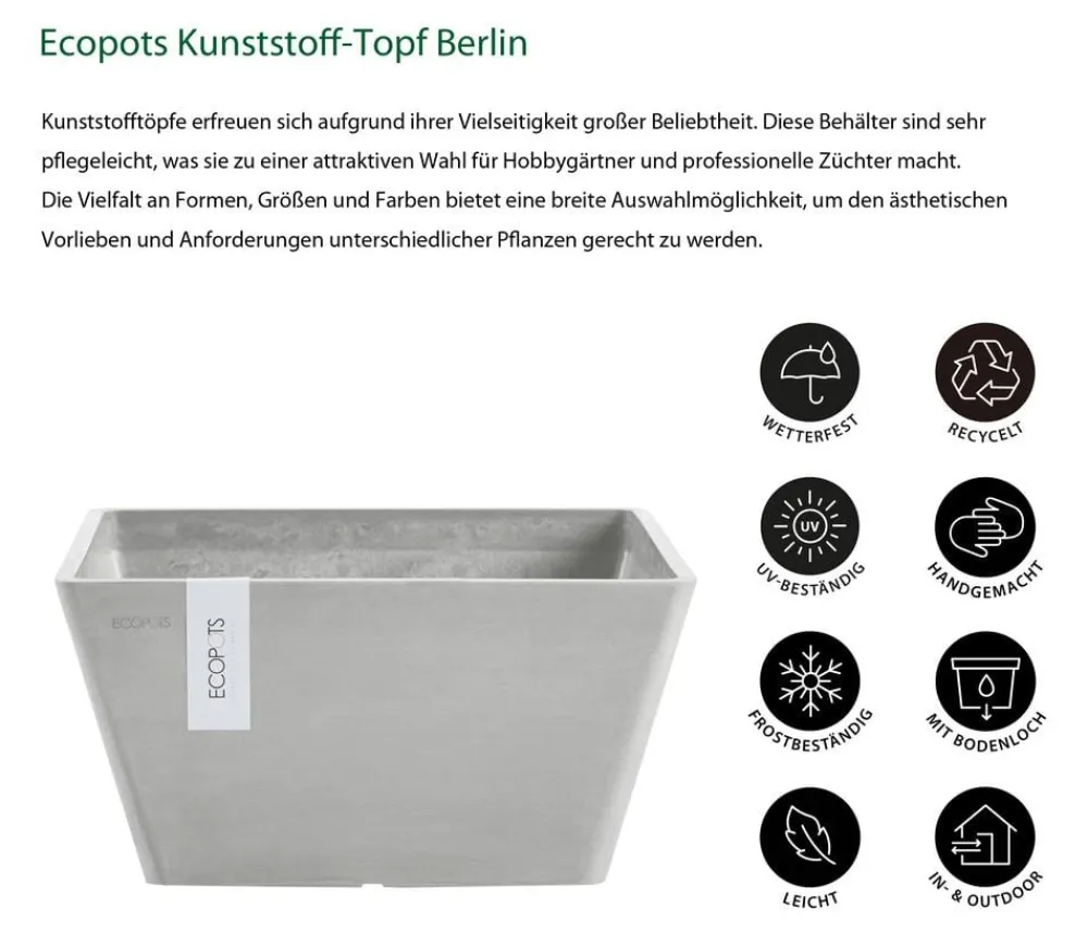Ecopots Kunststoff-Topf Berlin, quadratisch Hellgrau Best