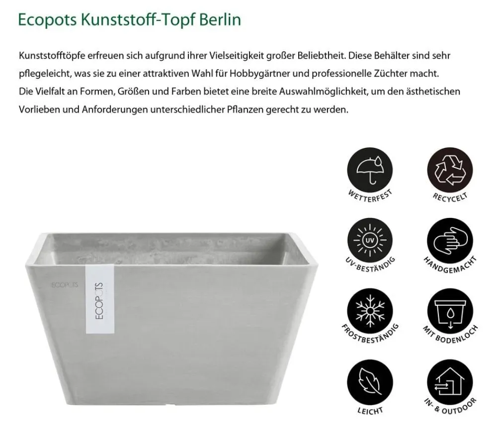 Ecopots Kunststoff-Topf Berlin, quadratisch Hellgrau Best