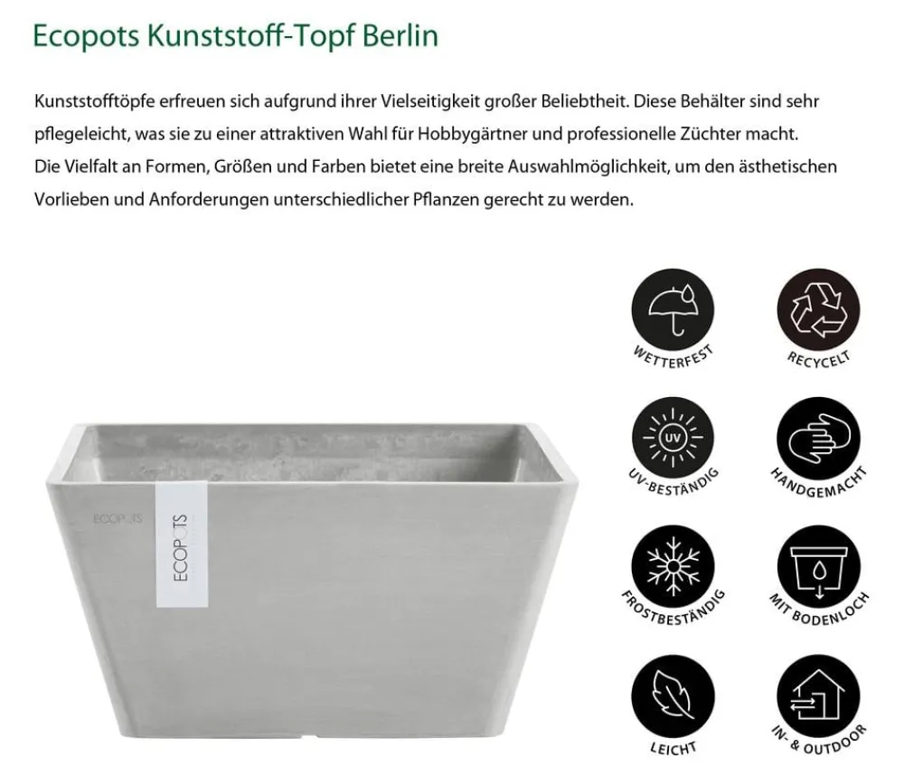 Ecopots Kunststoff-Topf Berlin, quadratisch Hellgrau
