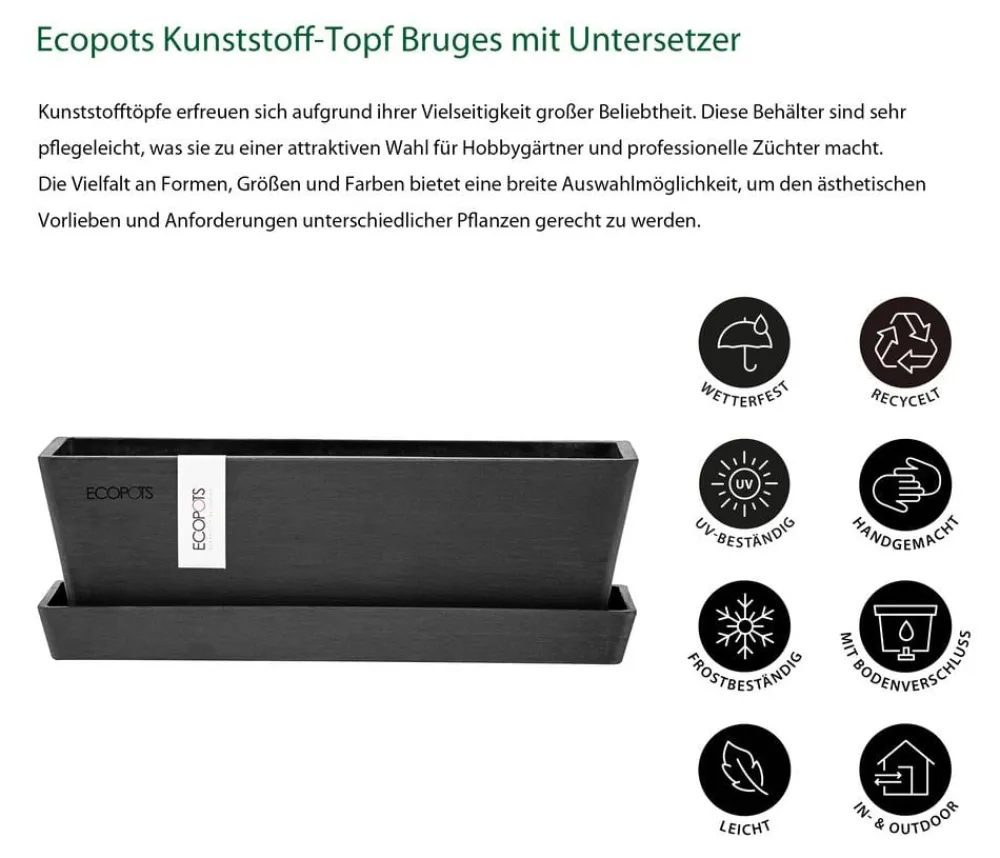 Ecopots Kunststoff-Topf Bruges mit Untersetzer, rechteckig Dunkelgrau Sale