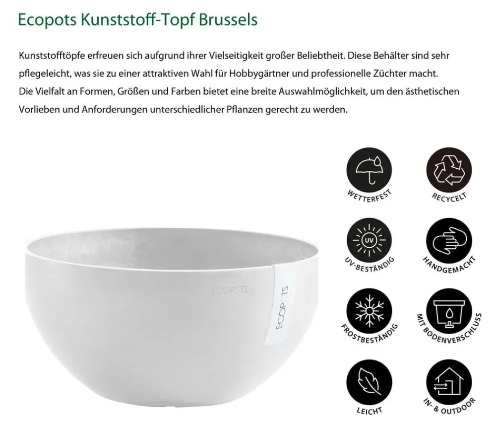Ecopots Blumenampeln & -Schalen|Blumentöpfe & Übertöpfe - Kunststoff-Topf Brussels, rund Weiß