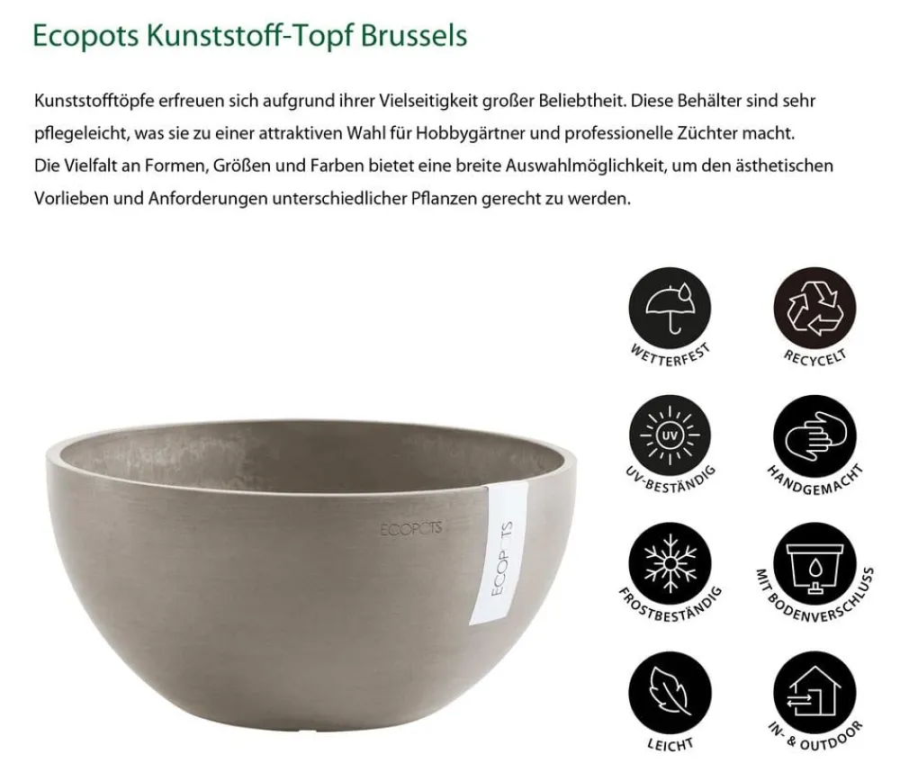 Ecopots Blumenampeln & -Schalen|Blumentöpfe & Übertöpfe - Kunststoff-Topf Brussels, rund Taupe