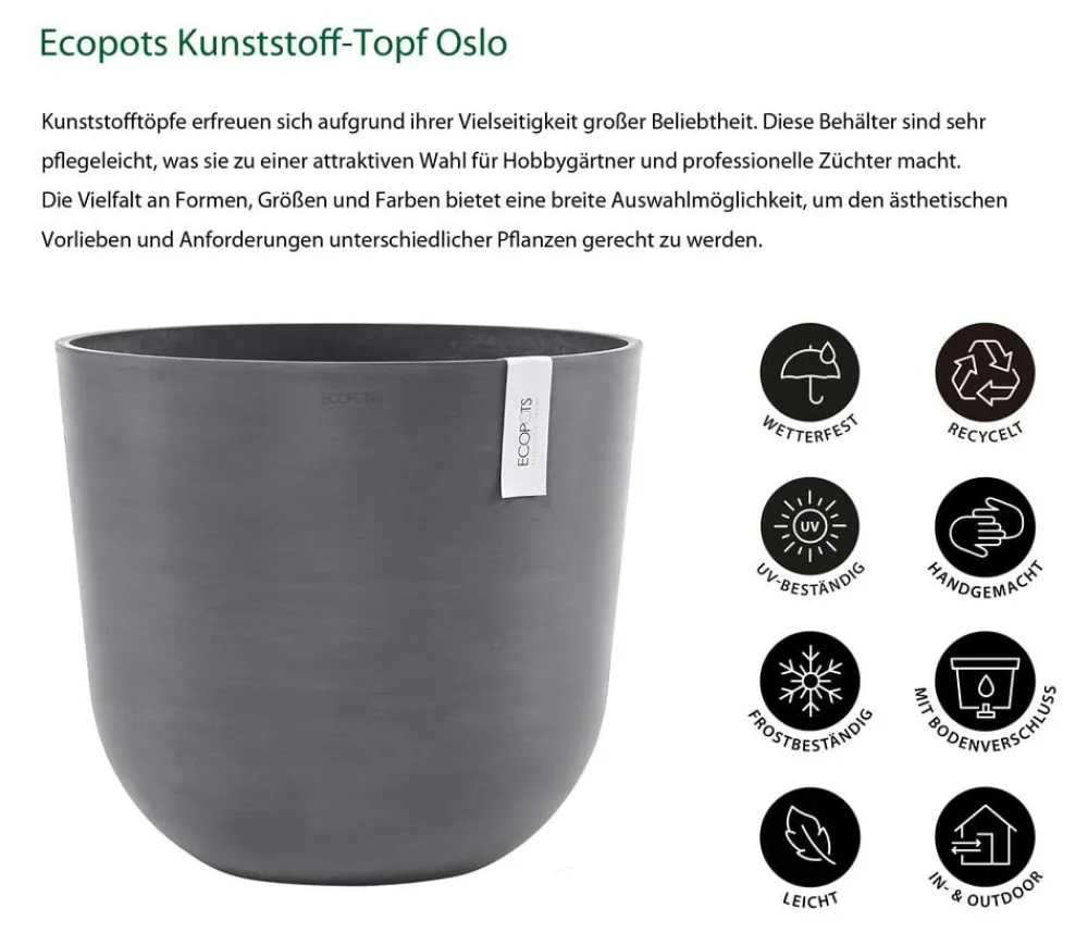 Ecopots Kunststoff-Topf Oslo, rund Grau Hot
