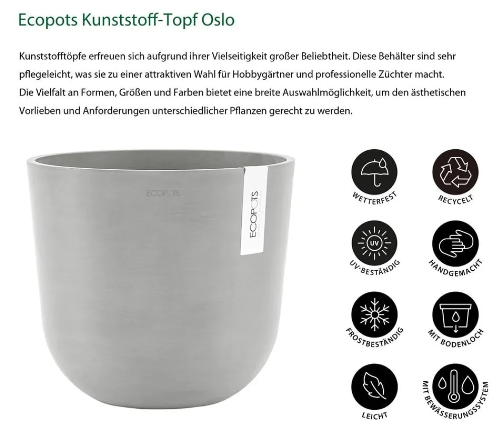 Ecopots Kunststoff-Topf Oslo mit Wassersystem, rund Hellgrau Outlet