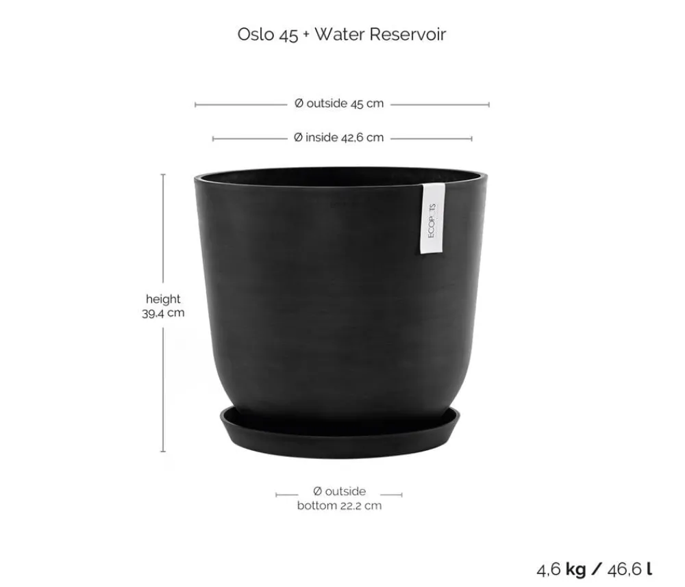 Ecopots Blumentöpfe & Übertöpfe - Kunststoff-Topf Oslo mit Wassersystem, rund Dunkelgrau