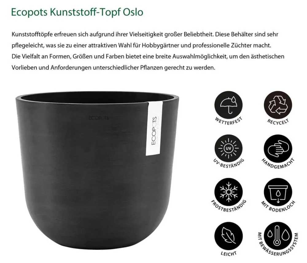 Ecopots Blumentöpfe & Übertöpfe - Kunststoff-Topf Oslo mit Wassersystem, rund Dunkelgrau