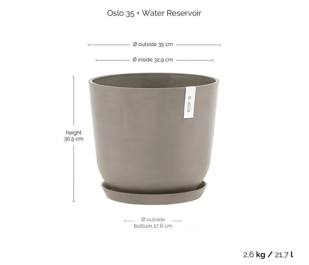 Ecopots Blumentöpfe & Übertöpfe - Kunststoff-Topf Oslo mit Wassersystem, rund Taupe