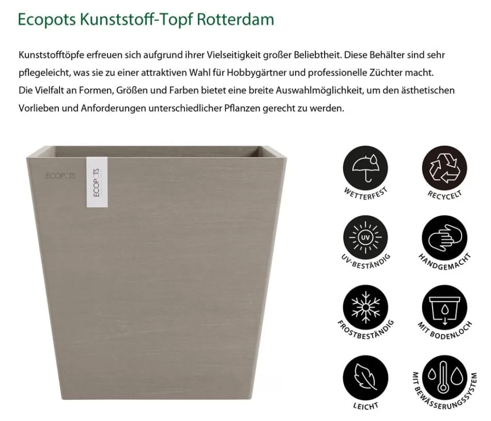 Ecopots Blumentöpfe & Übertöpfe > Kunststoff-Topf Rotterdam mit Wassersystem, quadratisch