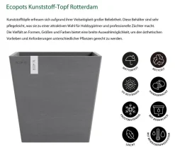 Ecopots Blumentöpfe & Übertöpfe - Kunststoff-Topf Rotterdam mit Wassersystem, quadratisch Grau