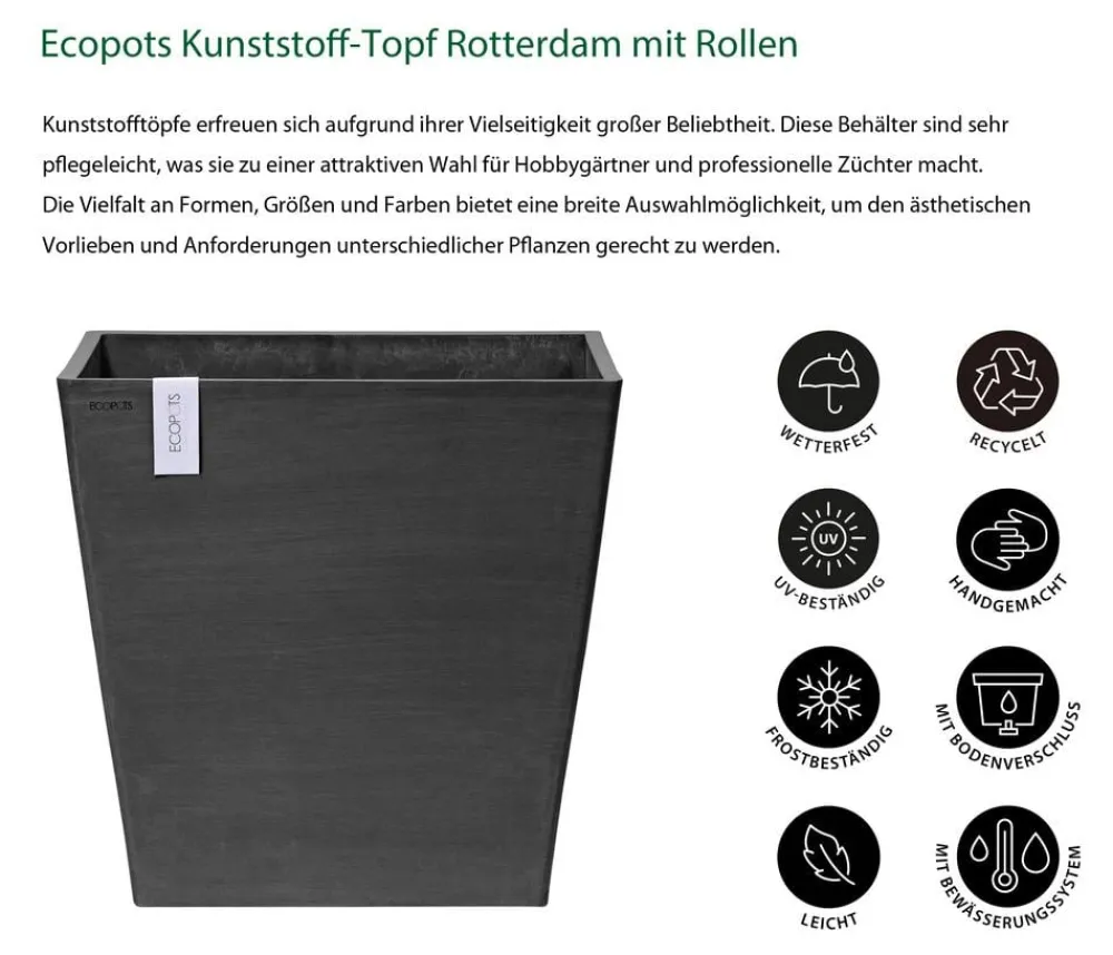 Ecopots Blumentöpfe & Übertöpfe > Kunststoff-Topf Rotterdam mit Rollen und Wassersystem, quadratisch