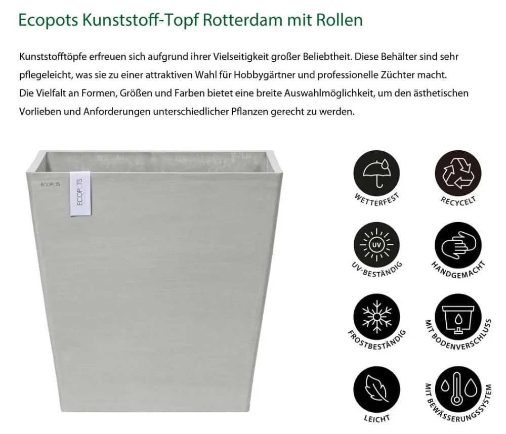 Ecopots Blumentöpfe & Übertöpfe > Kunststoff-Topf Rotterdam mit Rollen und Wassersystem, quadratisch