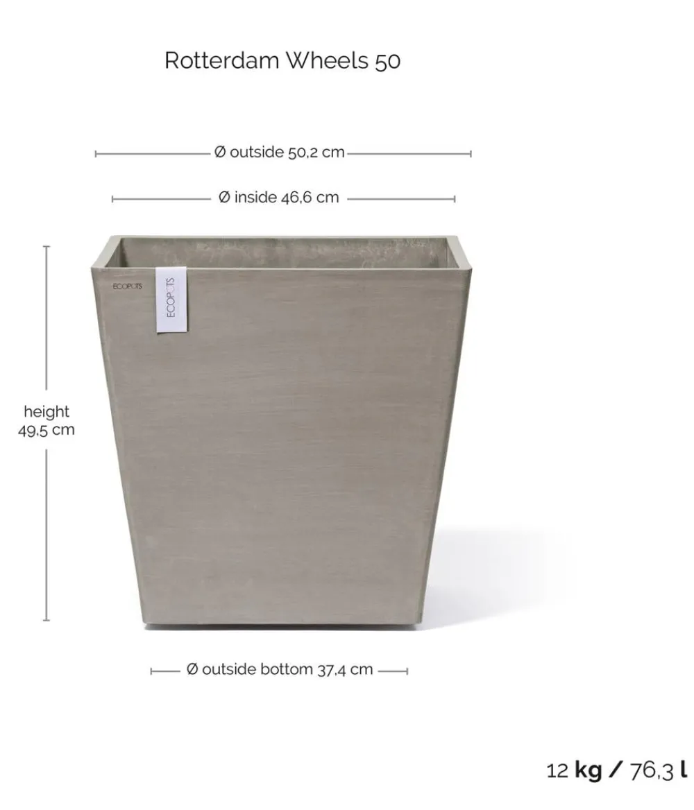 Ecopots Blumentöpfe & Übertöpfe - Kunststoff-Topf Rotterdam mit Rollen und Wassersystem, quadratisch Taupe