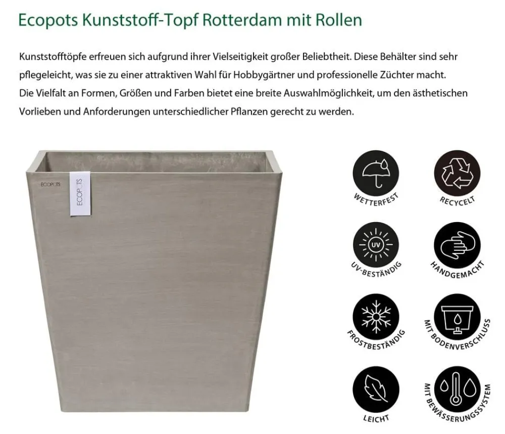 Ecopots Blumentöpfe & Übertöpfe - Kunststoff-Topf Rotterdam mit Rollen und Wassersystem, quadratisch Taupe