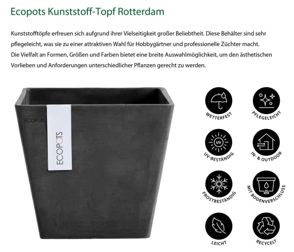 Ecopots Kunststoff-Topf Rotterdam, quadratisch Dunkelgrau