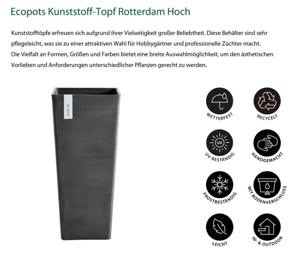 Ecopots Vasen|Blumentöpfe & Übertöpfe > Kunststoff-Topf Rotterdam Hoch, quadratisch