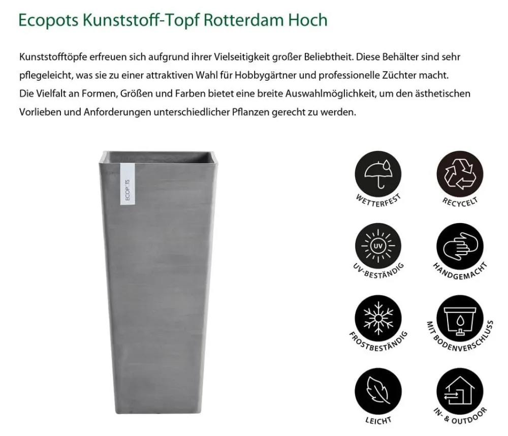 Ecopots Vasen|Blumentöpfe & Übertöpfe > Kunststoff-Topf Rotterdam Hoch, quadratisch