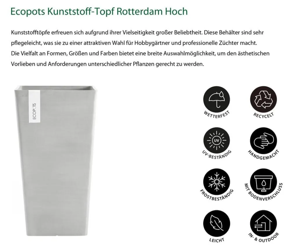 Ecopots Kunststoff-Topf Rotterdam Hoch, quadratisch Hellgrau Best