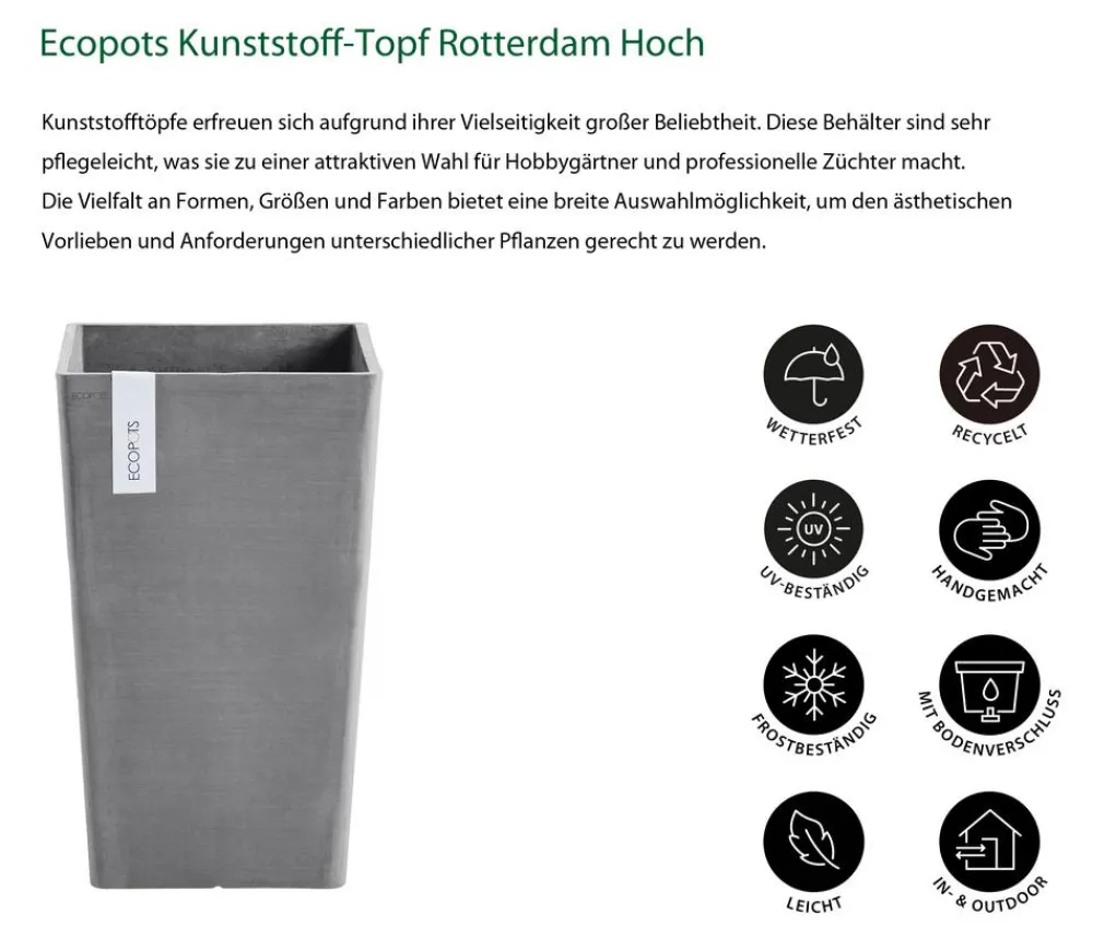 Ecopots Vasen|Blumentöpfe & Übertöpfe - Kunststoff-Topf Rotterdam Hoch, quadratisch Grau