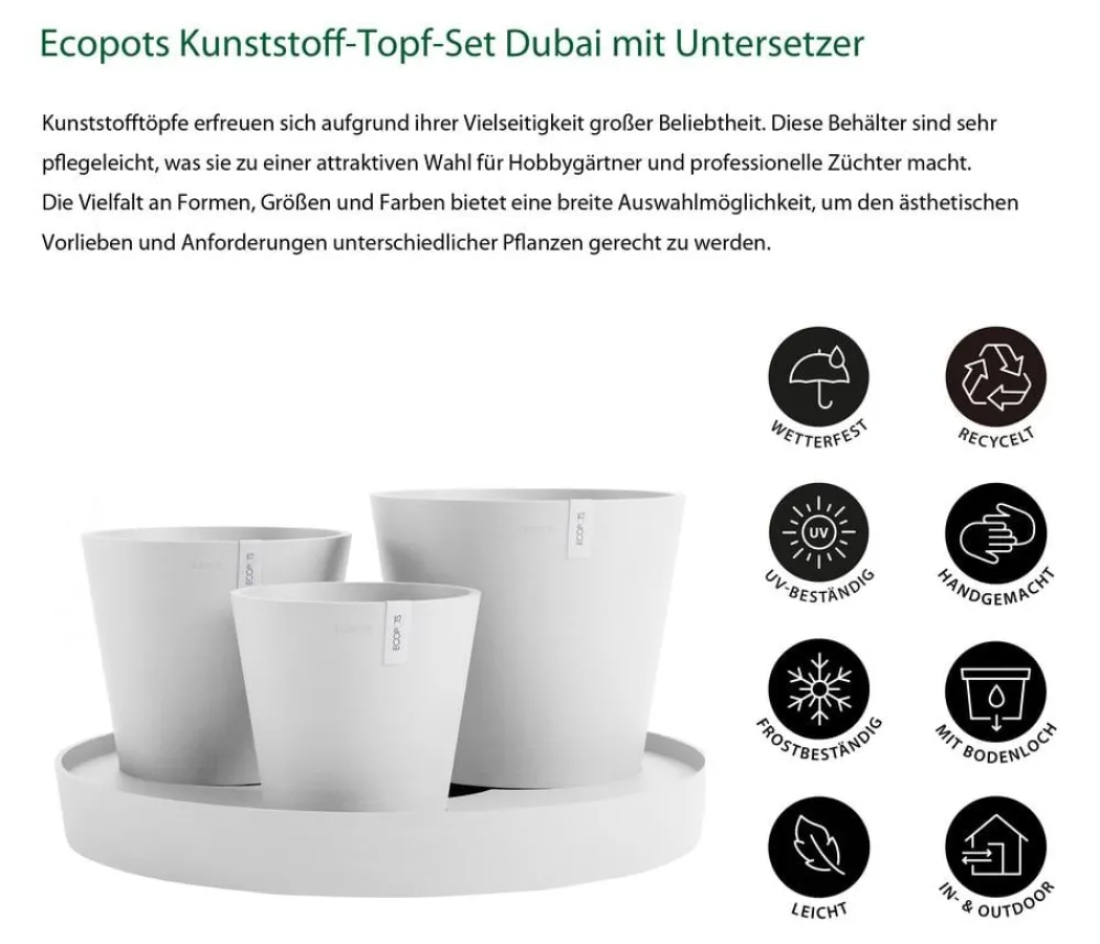 Ecopots Blumentöpfe & Übertöpfe > Kunststoff-Topf-Set Dubai mit Untersetzer, 4-teilig