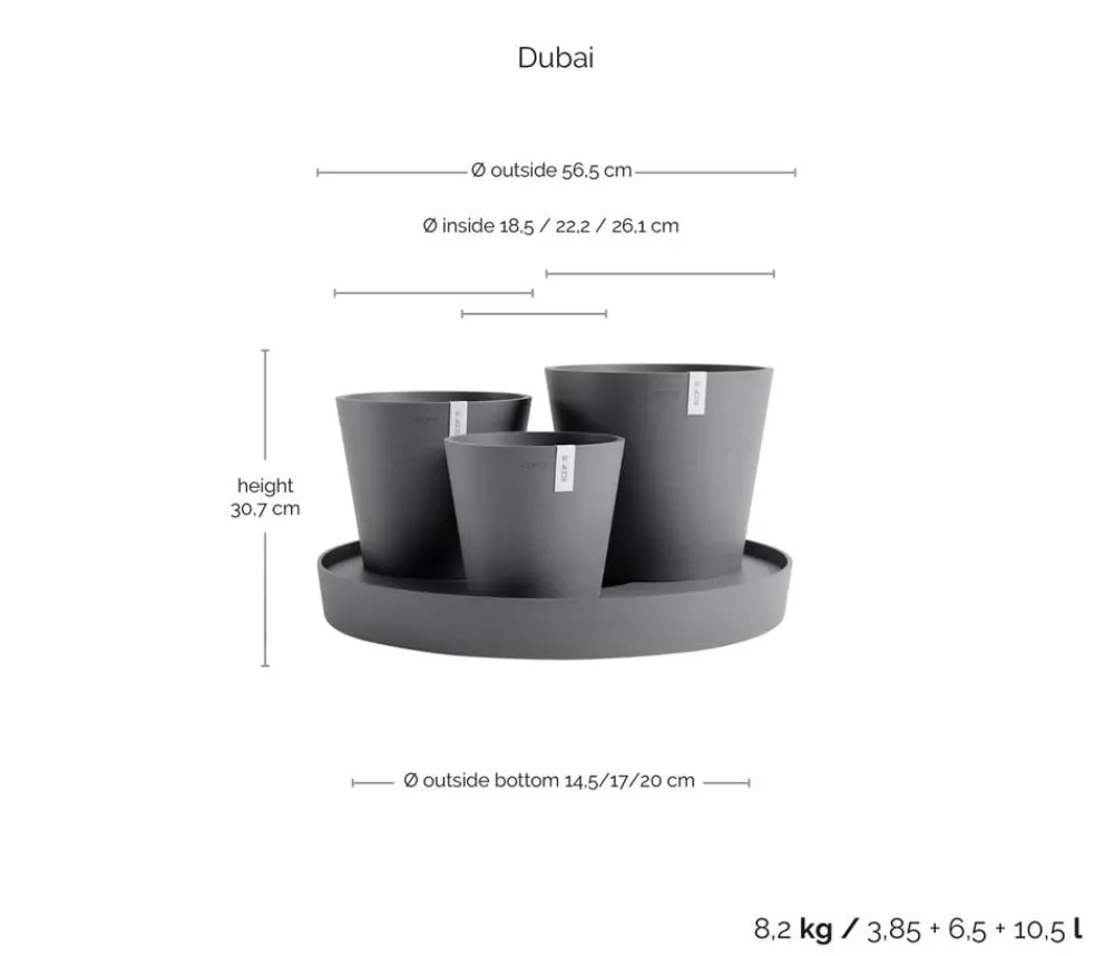 Ecopots Kunststoff-Topf-Set Dubai mit Untersetzer, 4-teilig Grau