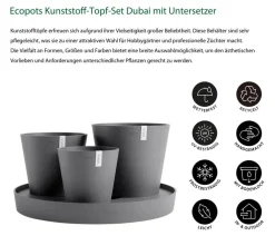 Ecopots Kunststoff-Topf-Set Dubai mit Untersetzer, 4-teilig Grau
