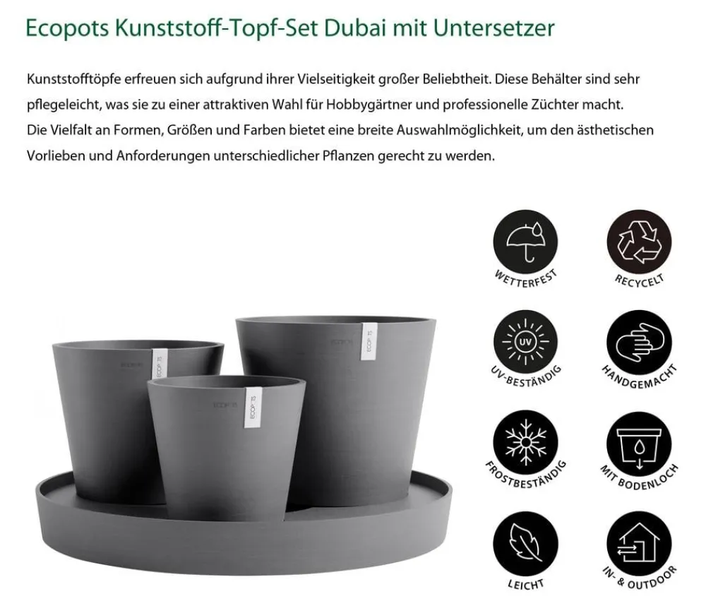 Ecopots Kunststoff-Topf-Set Dubai mit Untersetzer, 4-teilig Grau
